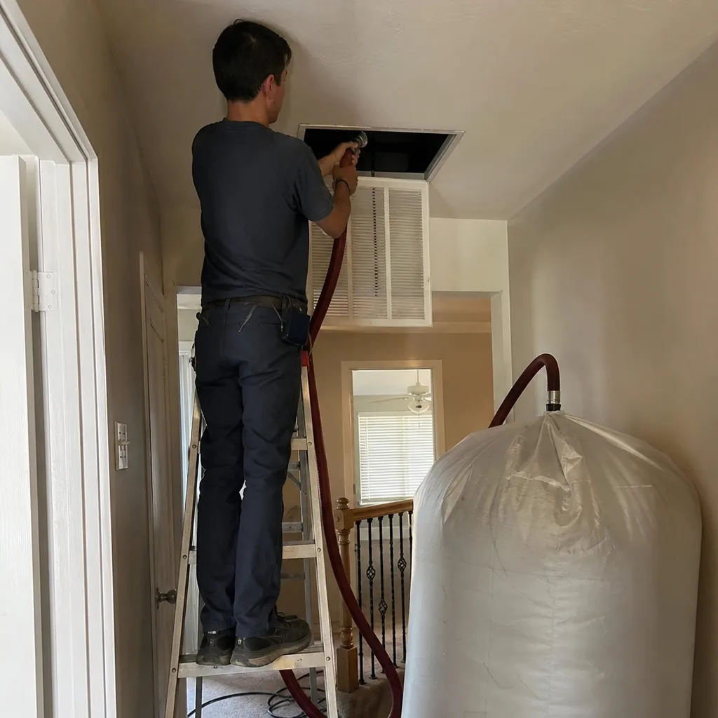 Technician using professional vacuum equipment for residential air duct cleaning