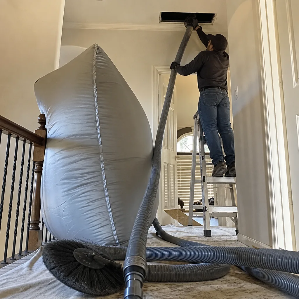 Technician using professional air duct cleaning vacuum system on ceiling vent
