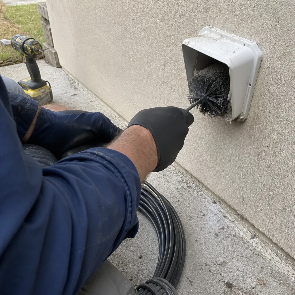 Technician using a rotating brush tool to clean dryer vent ducts