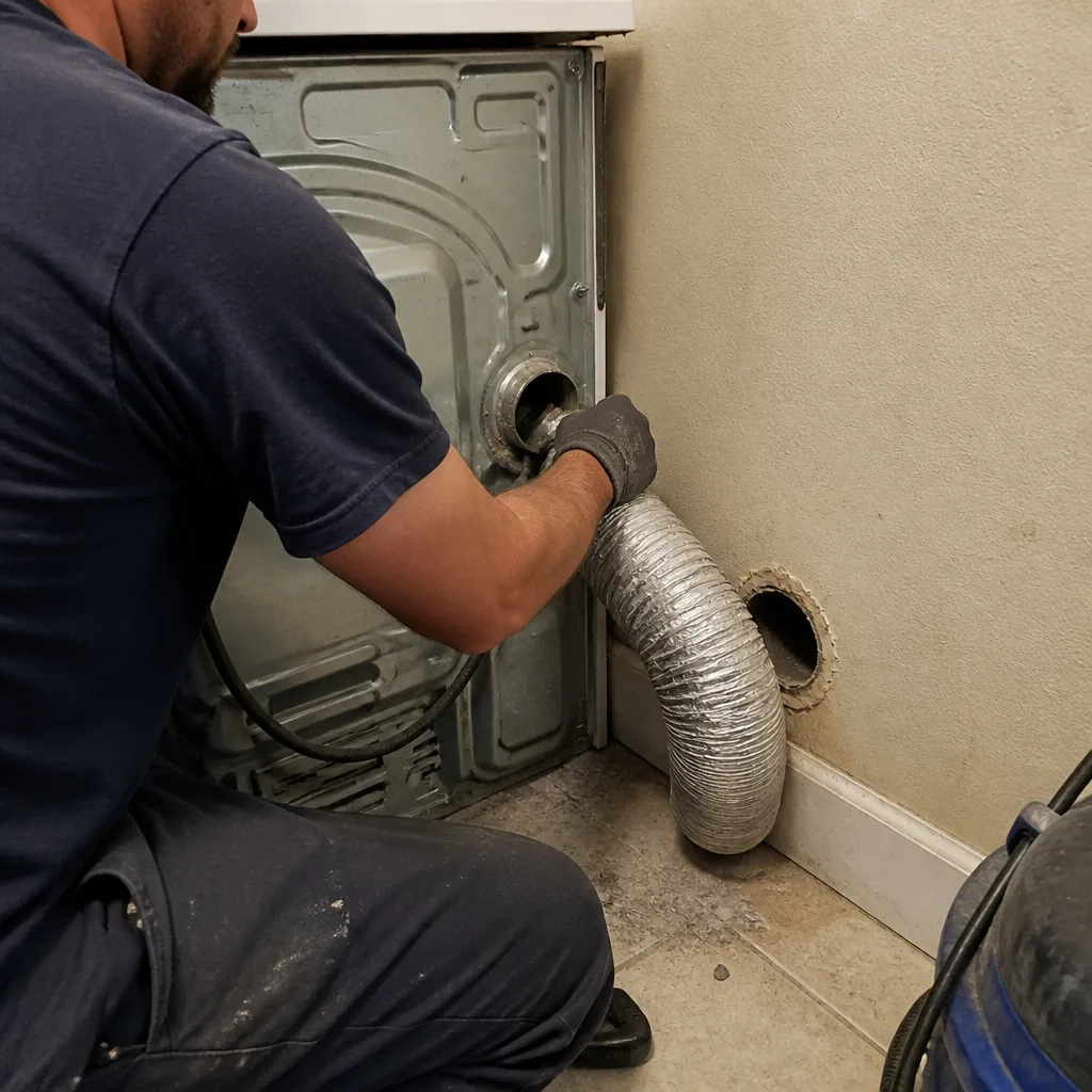 Technician attaching a silver dryer vent hose to the back of machine