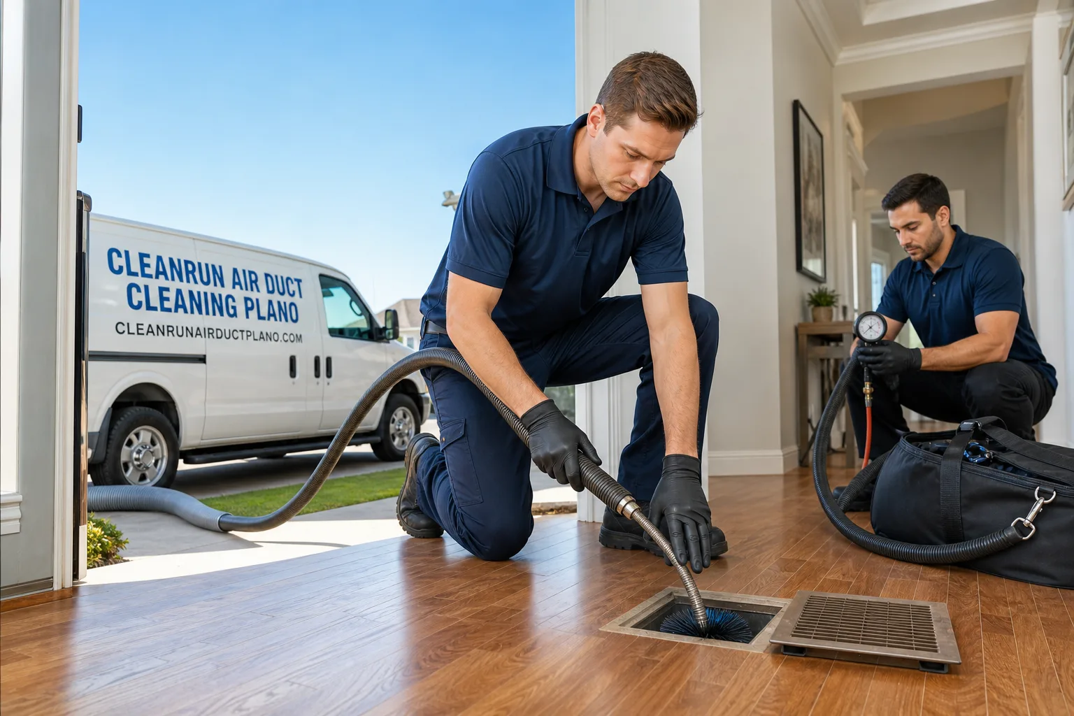 CleanRun Air Duct Cleaning Plano air duct cleaning service vehicle and crew in Plano, TX